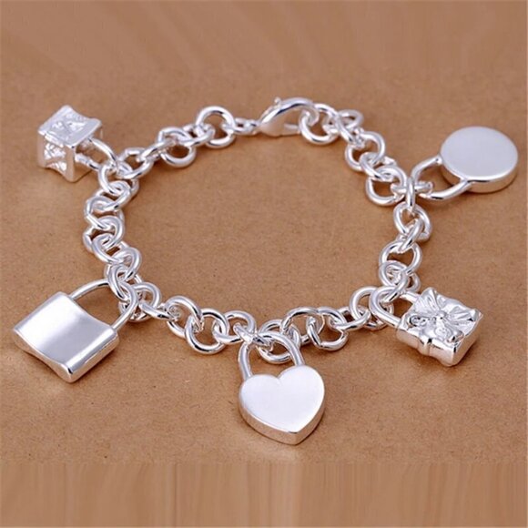Sterling Silver 925 Chain bracelet with Lock Charms #1226 - Picture 3 of 9